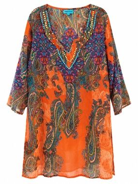Aqua Blu Orange Paisley Beaded V-Neck Tunic Size 3X